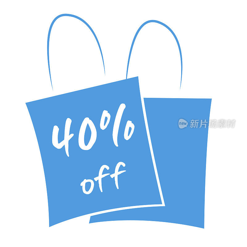 海报模板设计与两个重叠的亮蓝色购物袋与白色文本40% Off写在白色的颜色，为40% SALE相关向量背景